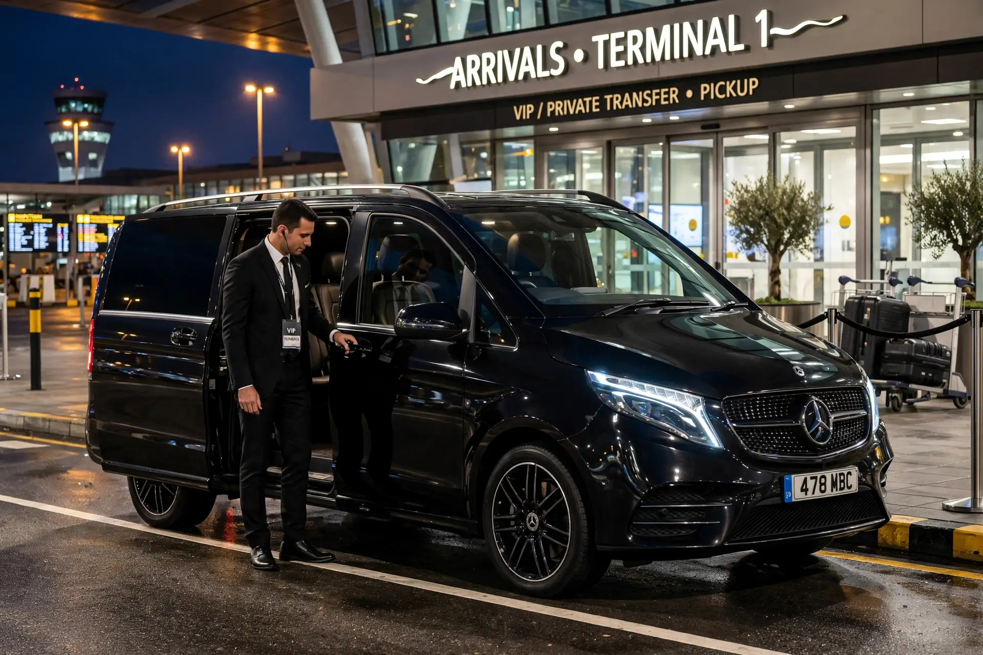 Black Mercedes V-Class VIP transfer na letišti v noci - řidič v obleku