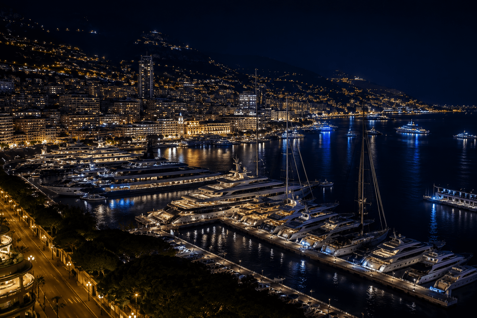 Port Hercule v Monaku v noci