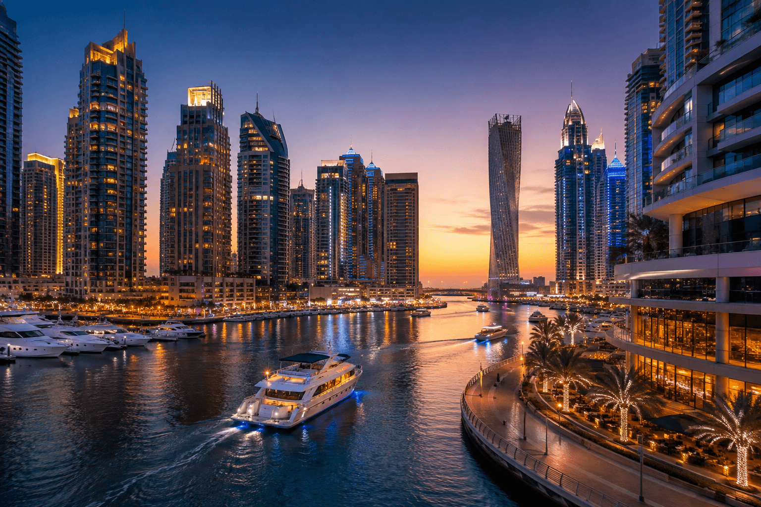 Dubaj Marina a skyline při večerním světle