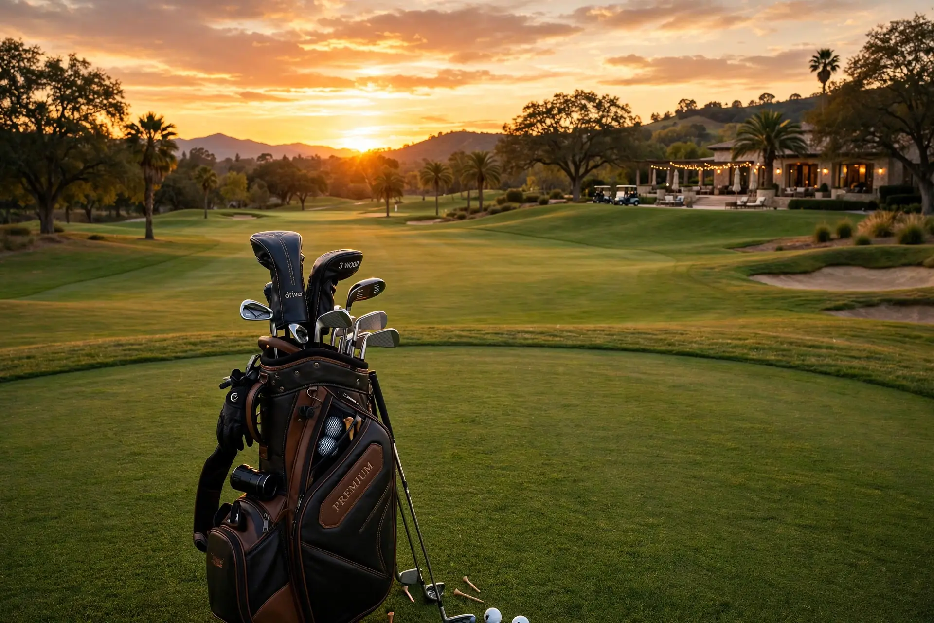 Luxusní dárek pro muže - golfové hřiště při západu slunce, dárek který ohromí