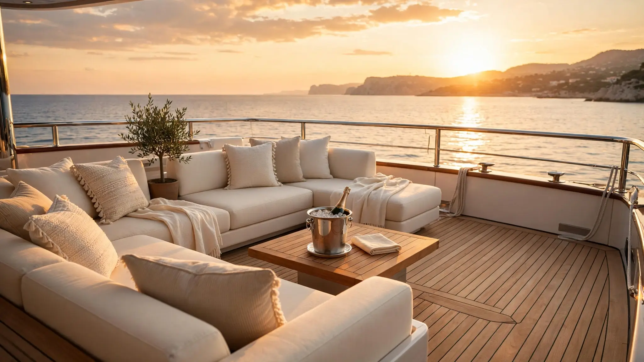 Superyacht sundeck při západu slunce